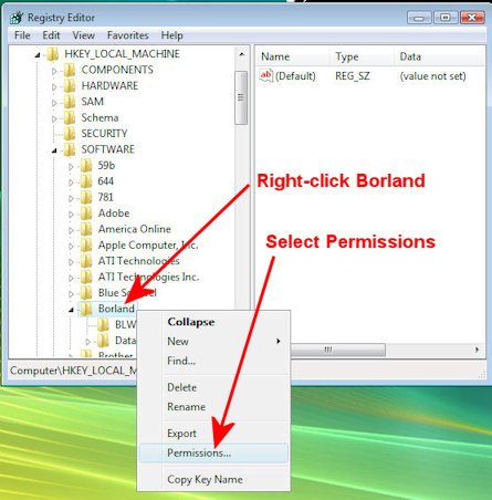 Right click Borland in HKLM-Software-Borland